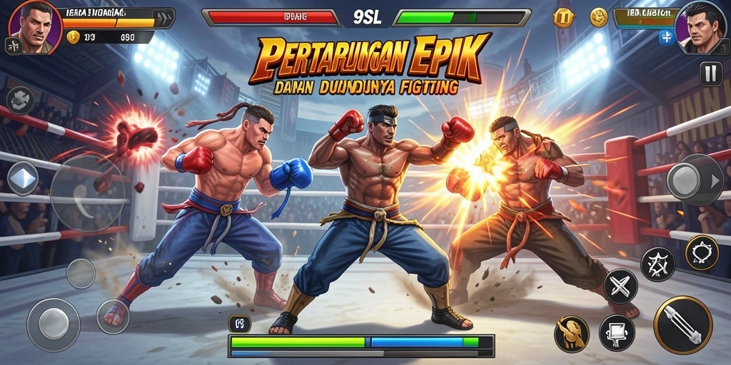 Screenshot gameplay 9SL menampilkan pertarungan seru dengan karakter yang beragam.