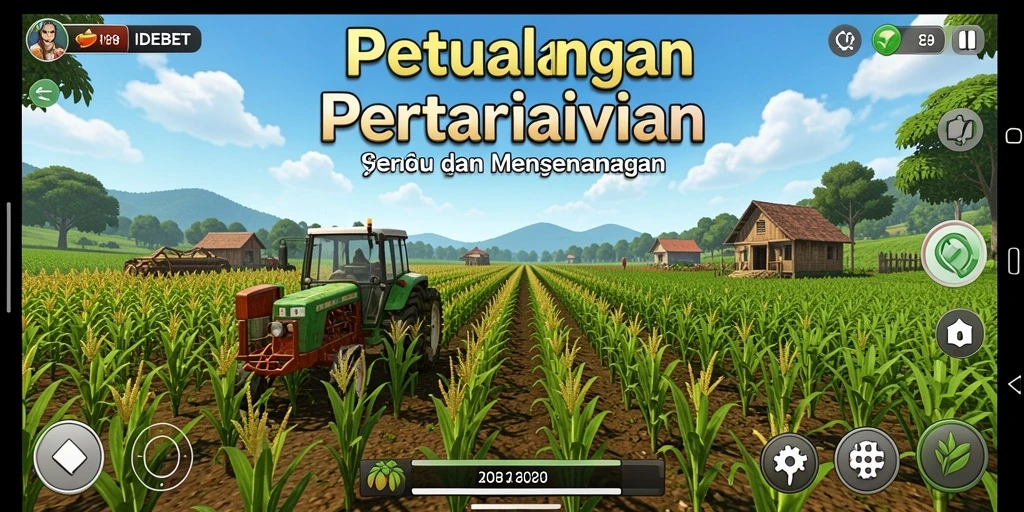Tangkapan layar utama IDEBET menampilkan kebun yang subur dengan berbagai tanaman.