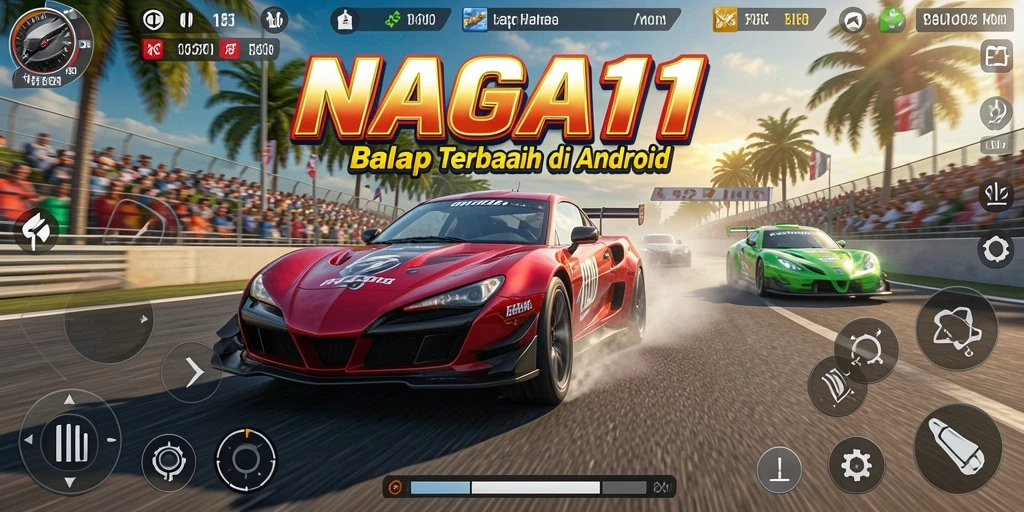 Screenshot gameplay NAGA11 menampilkan balapan seru di lintasan berwarna-warni.