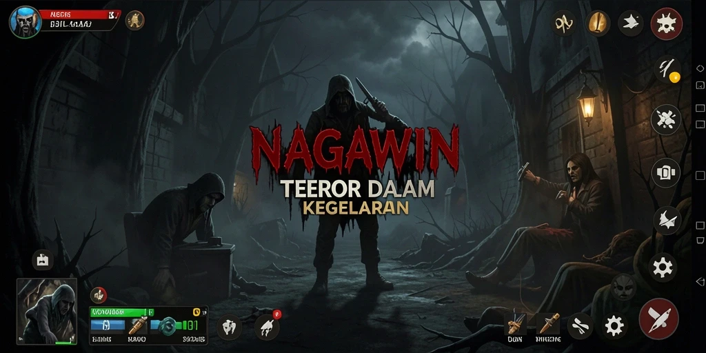 Screenshot NAGAWIN menampilkan gameplay menegangkan yang penuh dengan kegelapan dan ketakutan.