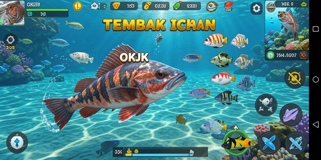 Screenshot di OKJK menampilkan keseruan berburu ikan di bawah laut.