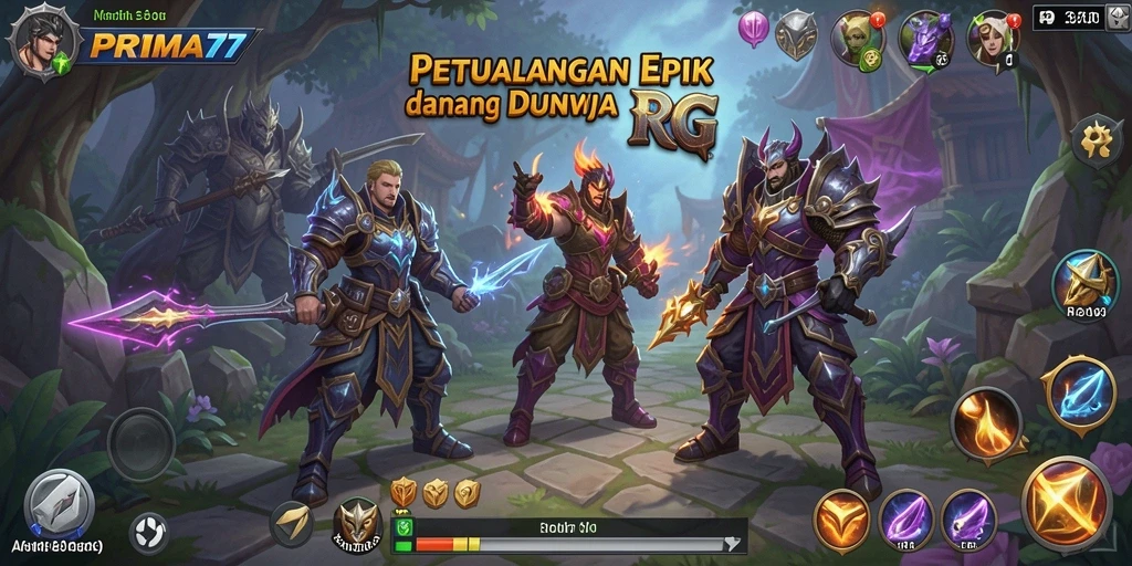 Screenshot utama PRIMA77 menampilkan aksi pertempuran dalam dunia RPG.