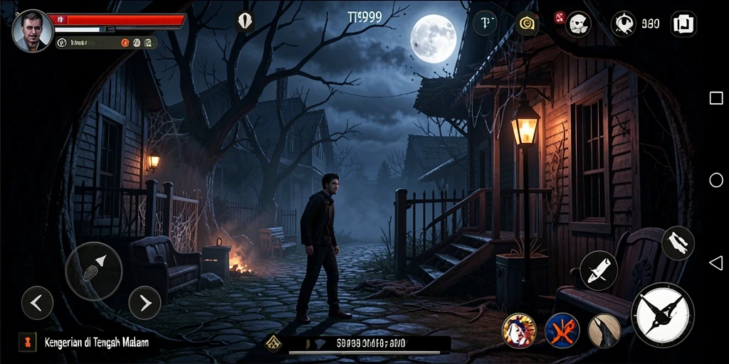 Screenshot gameplay T9999 menampilkan suasana horor yang mendebarkan.